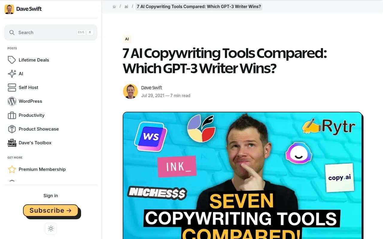 Head-to-head AI copywriting tool comparison from Dave Swift's tested review