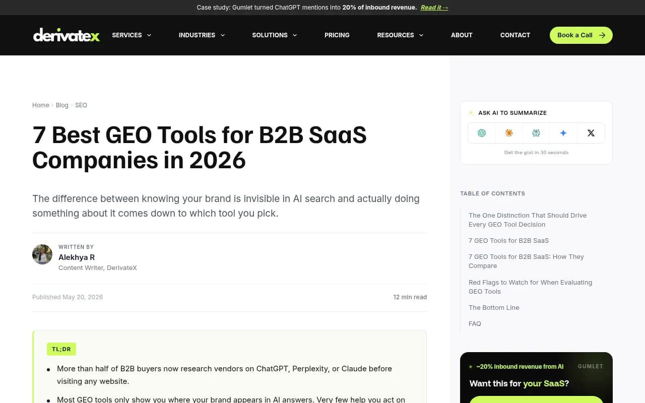 7 Best GEO Tools for B2B SaaS Companies in 2026 -- overview from DerivateX