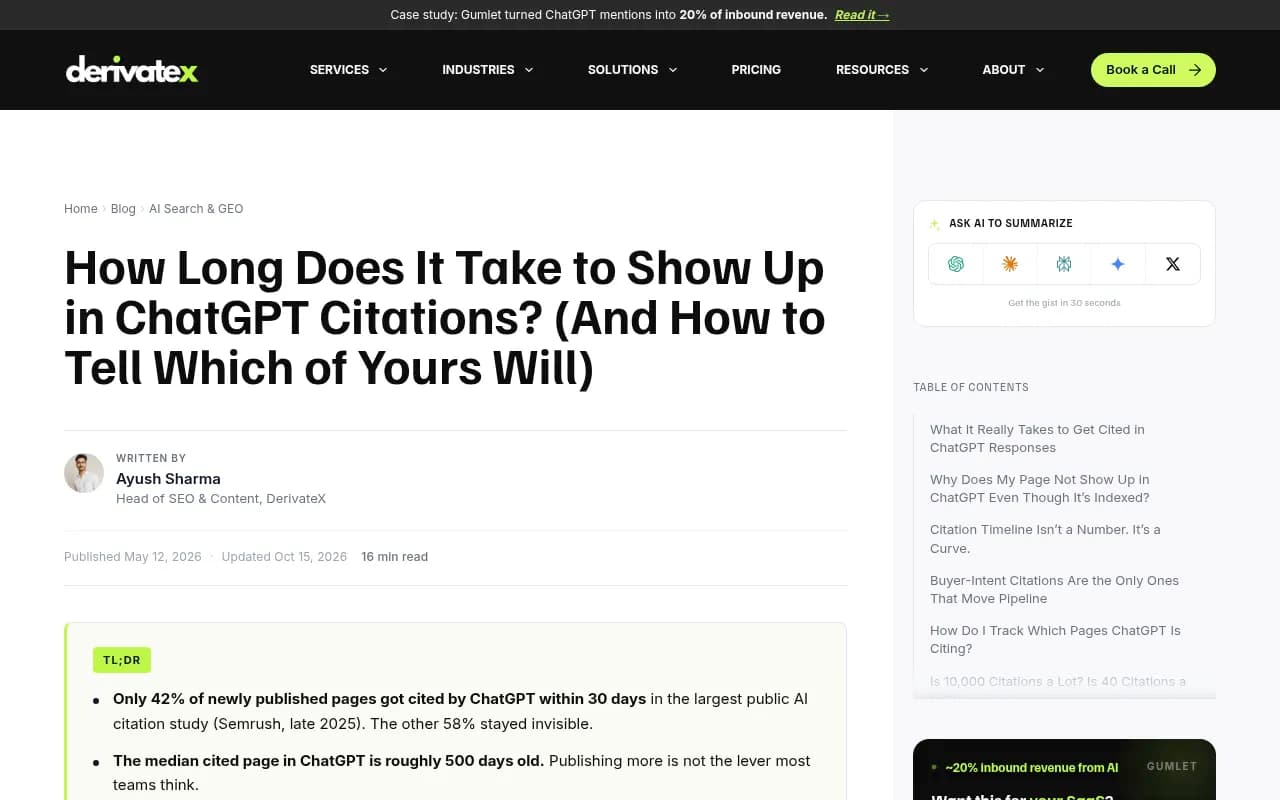 DerivateX analysis of how long it takes to get cited in ChatGPT