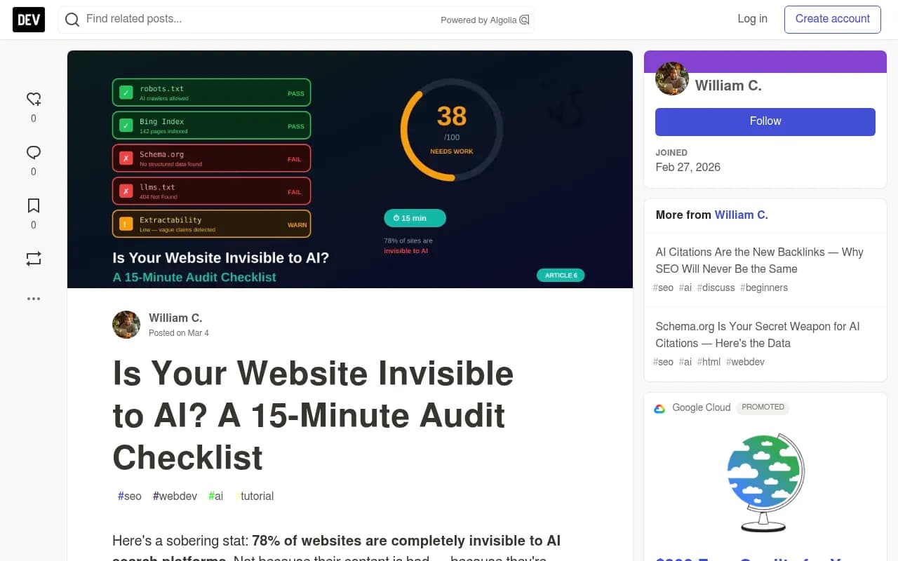 DEV Community's 15-minute AI visibility audit starting with robots.txt