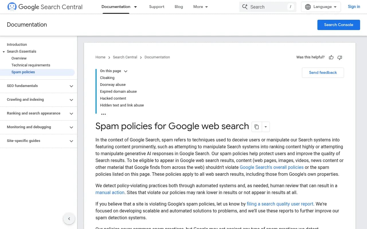 Google Search Central spam policies page covering cloaking and hacked content