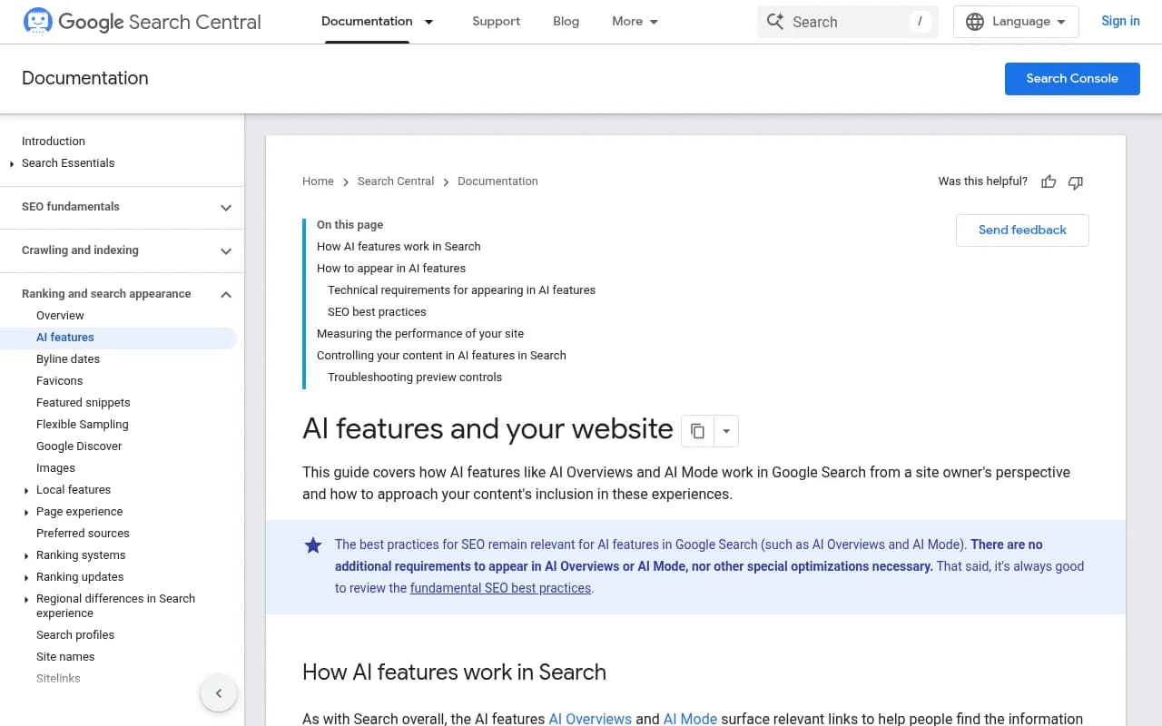 Google Search Central documentation page on AI features and your website