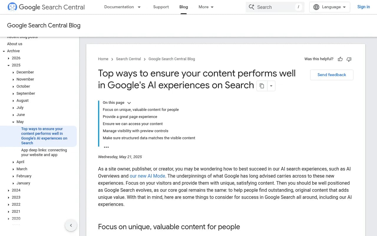 Google Search Central post on succeeding in AI experiences on Search, covering unique content, page experience, crawl access and preview controls