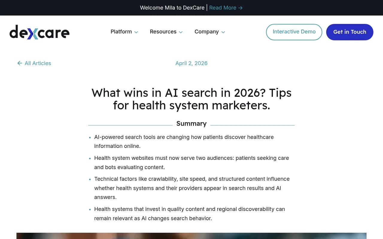 DexCare article on what wins in AI search in 2026 for health system marketers