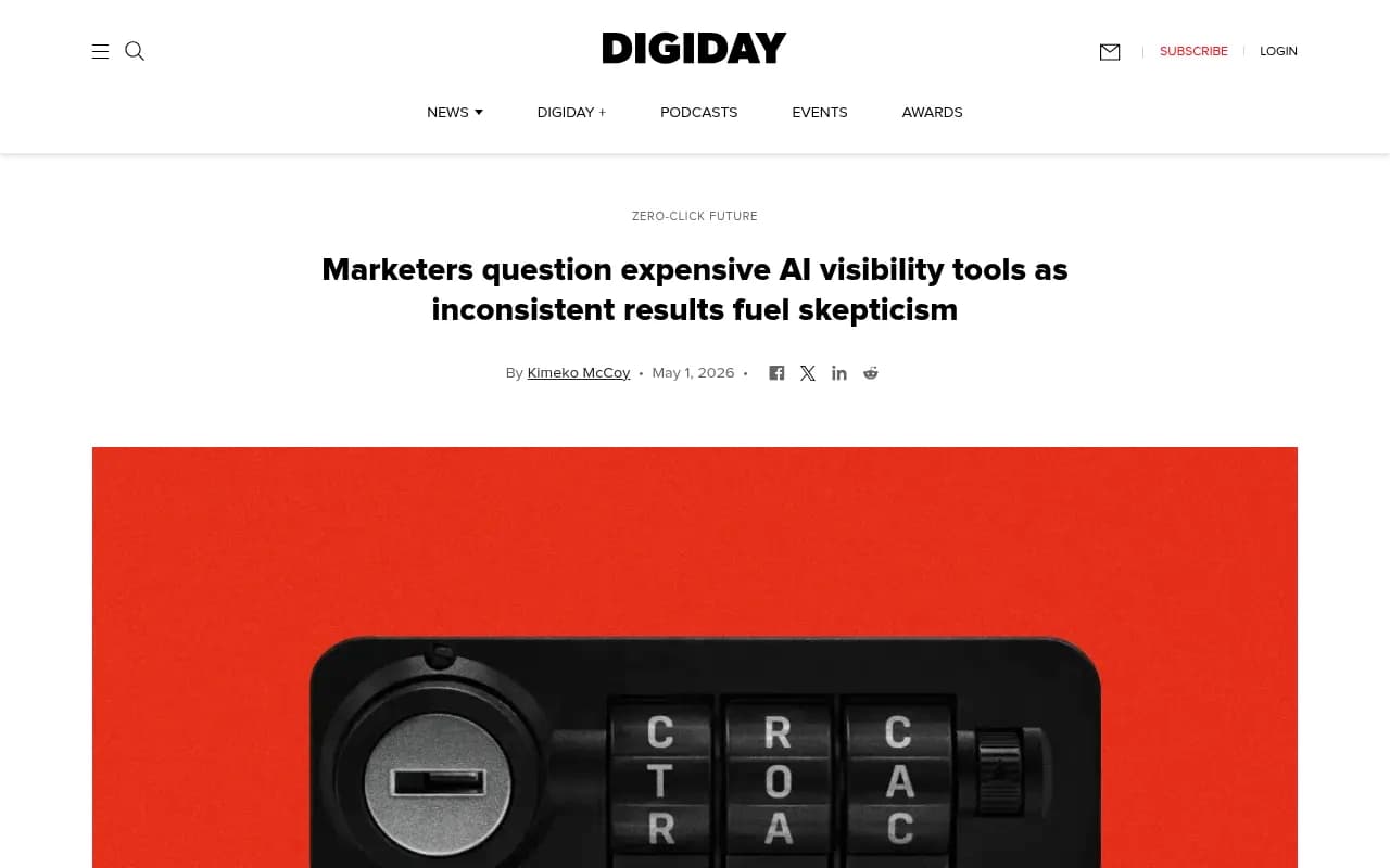 Digiday coverage of marketers questioning AI visibility tools amid inconsistent results