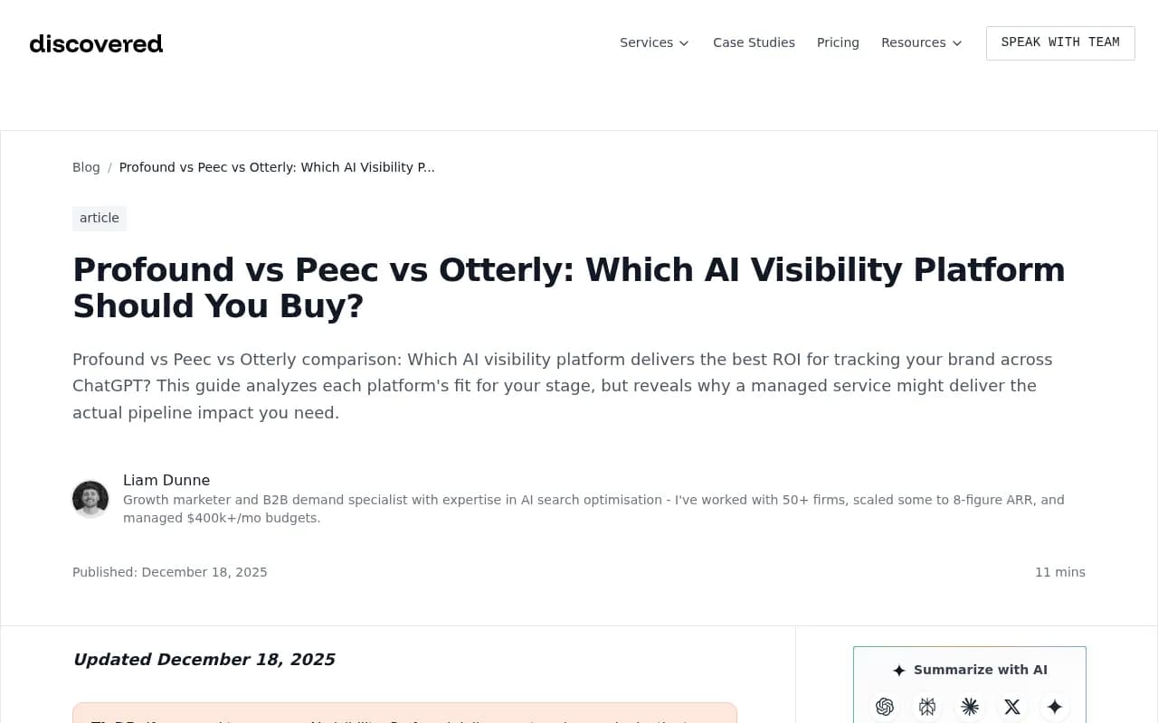 Comparison of Profound, Peec AI, and Otterly AI visibility platforms