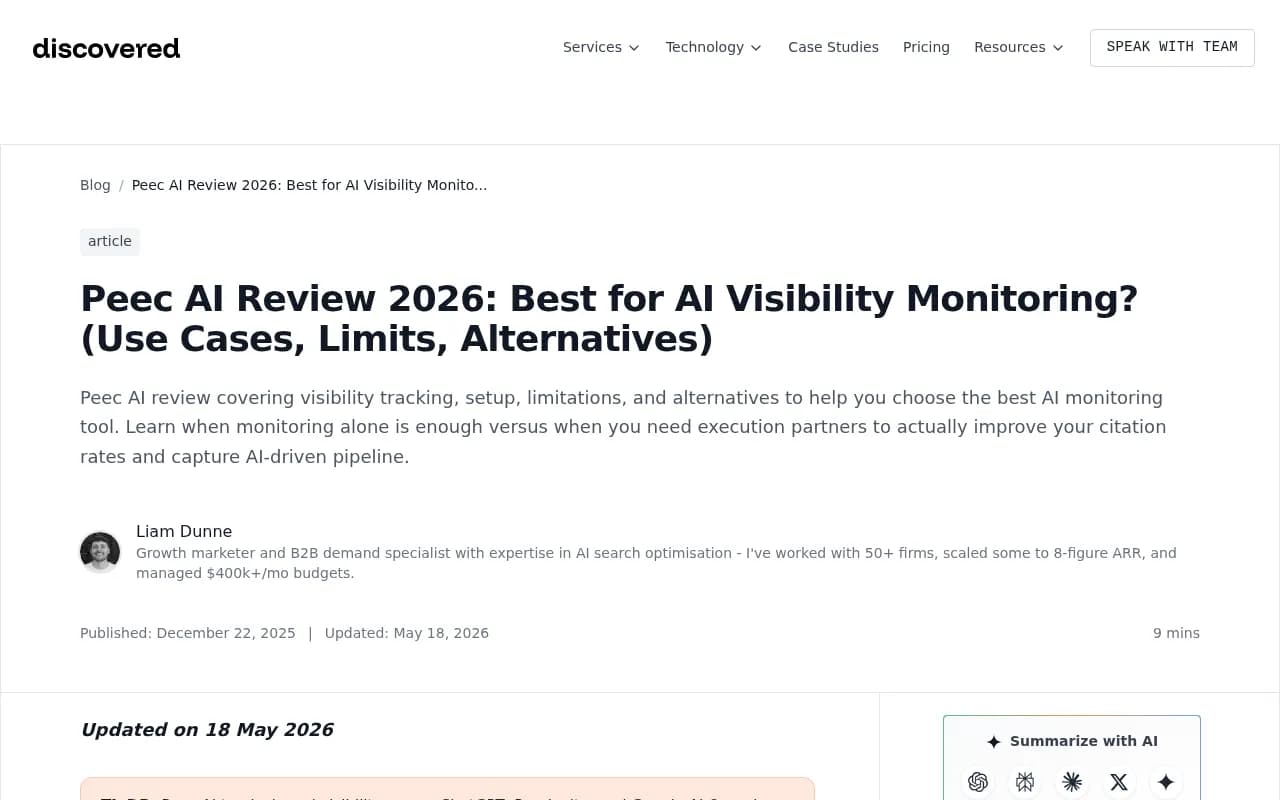 Peec AI review covering use cases, limitations, and alternatives for AI visibility monitoring