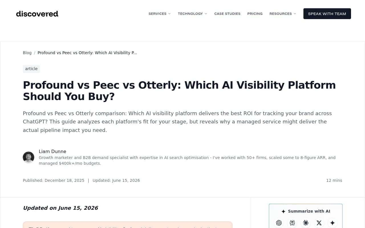 Profound vs Peec vs Otterly comparison showing monitoring-only limitations across AI visibility platforms