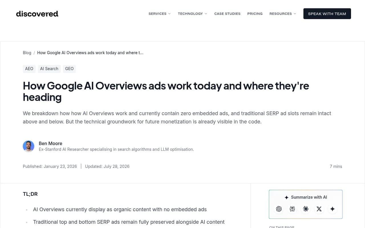 Discovered Labs analysis of how Google AI Overviews and ads fit together in the SERP