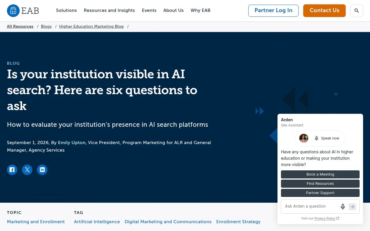EAB article with six questions for assessing your institution's visibility in AI search
