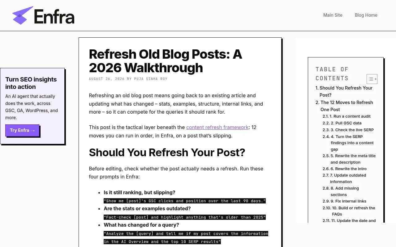 Enfra's walkthrough of the 12 moves to refresh one post