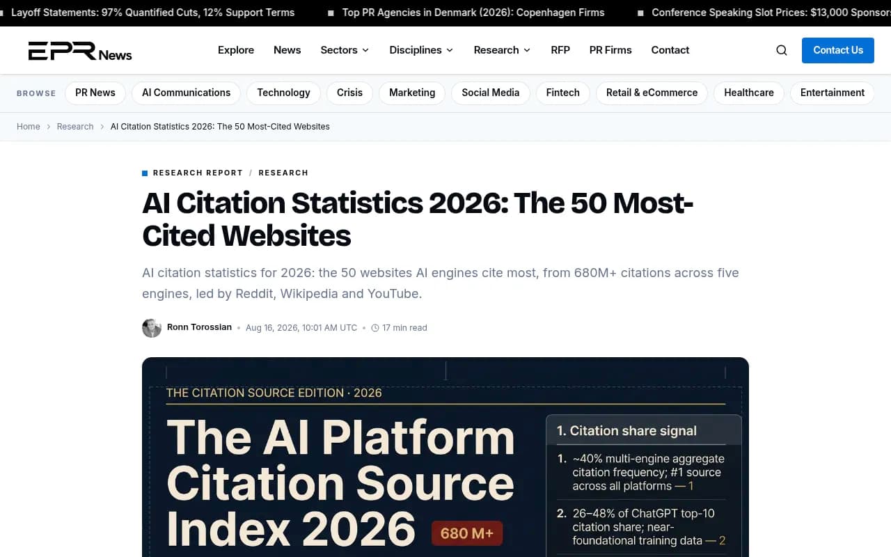 Everything-PR index of the 50 most-cited websites in AI answers