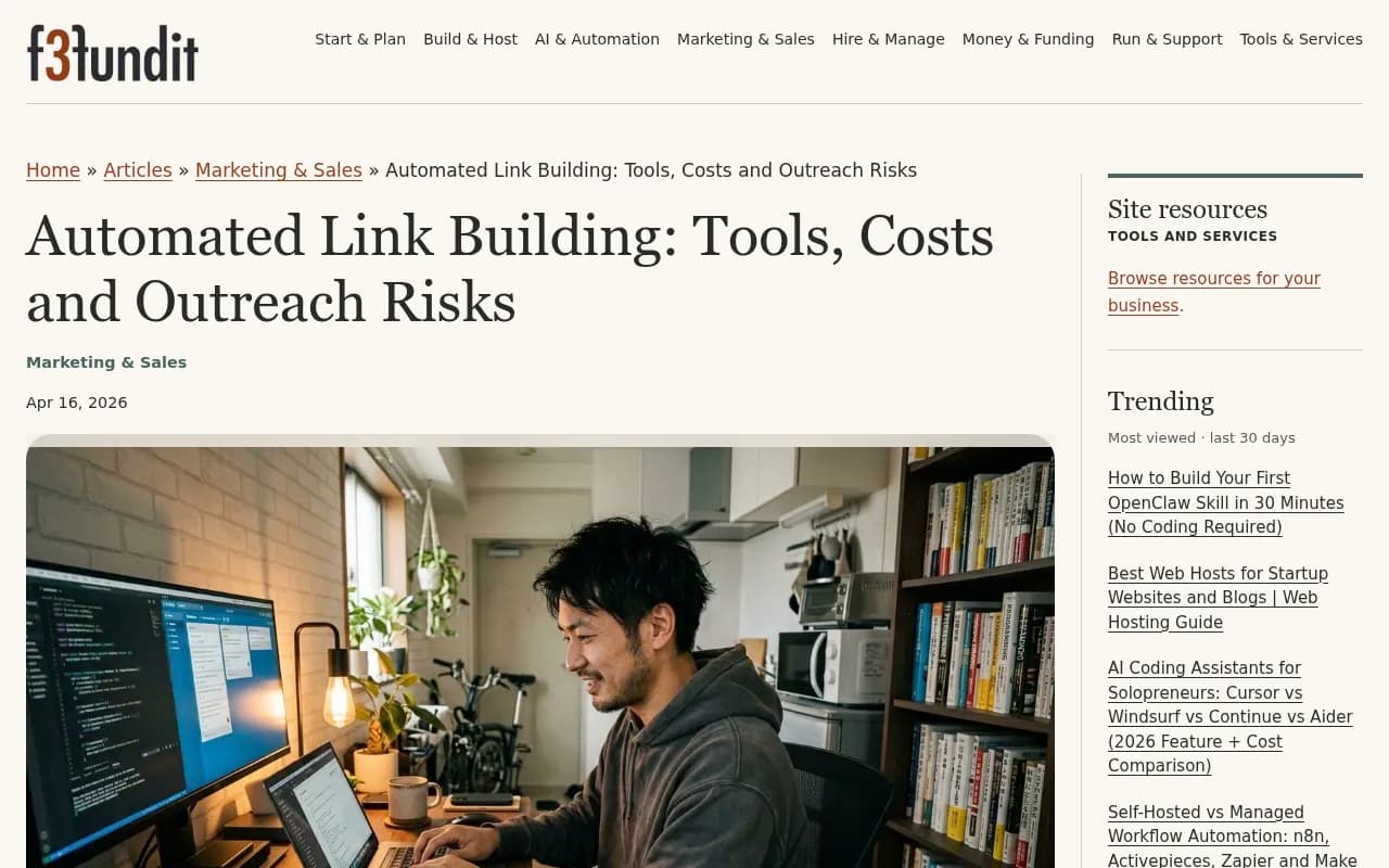 F3Fundit article on automated link building tools, costs and outreach risks
