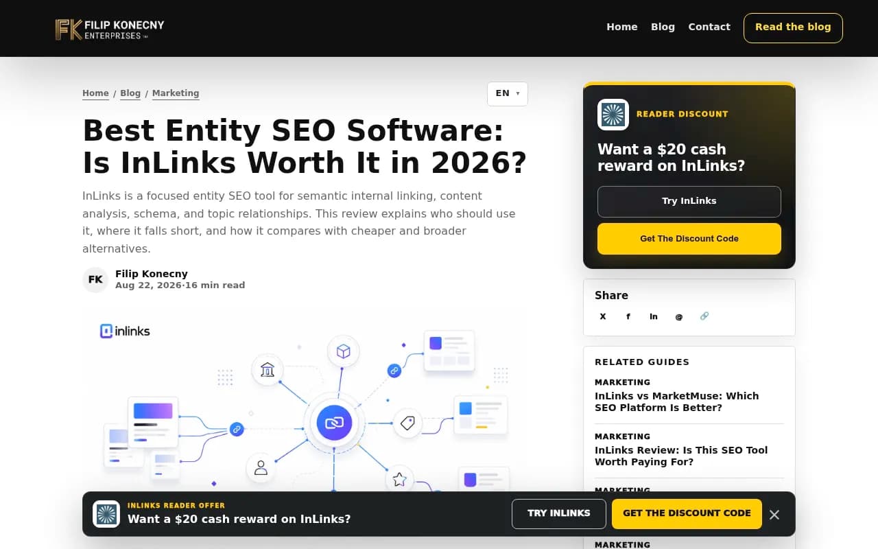 Filip Konecny's InLinks review covering entity SEO features and pricing