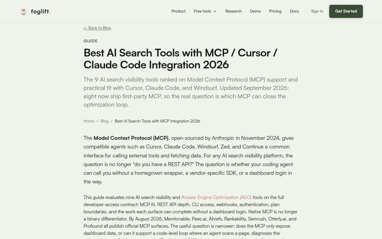 Comparison of MCP-readiness across AI search visibility tools, evaluated on first-party MCP support, API access, and plan boundaries