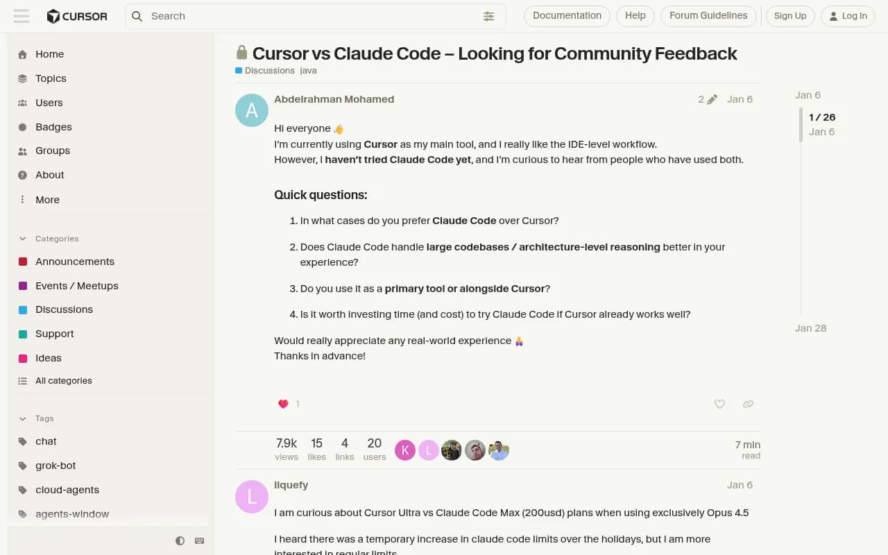 Cursor community forum thread comparing Cursor and Claude Code workflows