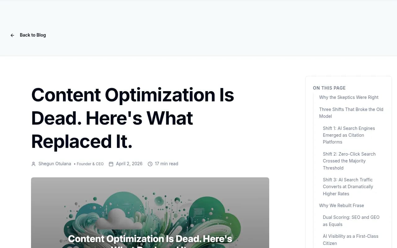 Frase's blog post explaining why content optimization tools needed to evolve beyond keyword scoring to include AI visibility as a core feature