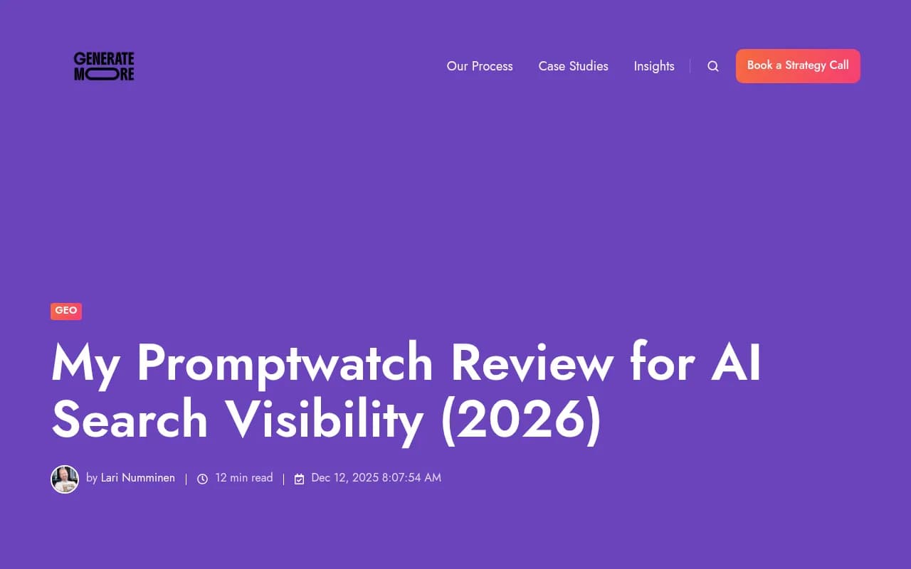 GenerateMore.ai's detailed Promptwatch feature ratings table from their 2026 review