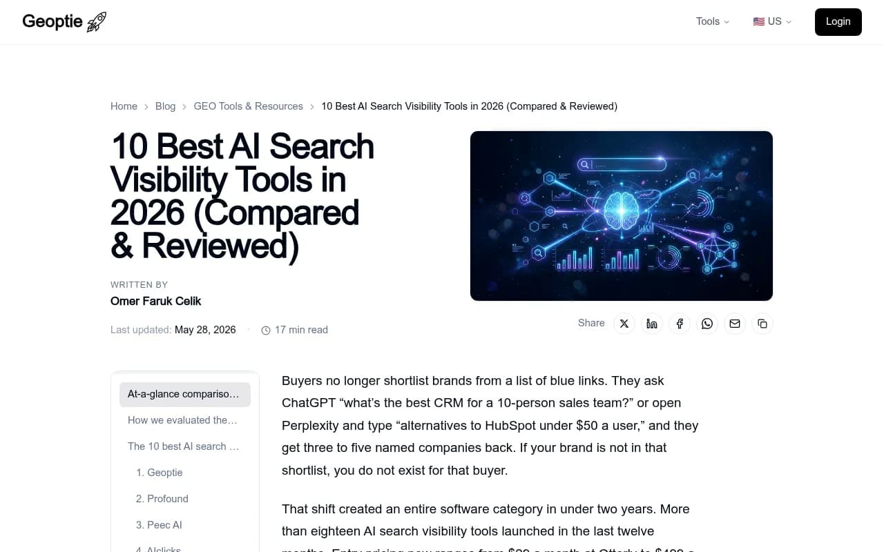 Geoptie's comparison of top AI search visibility tools