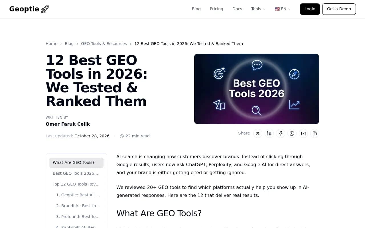 Geoptie's ranked comparison of GEO tools, including content and optimization limits on entry plans
