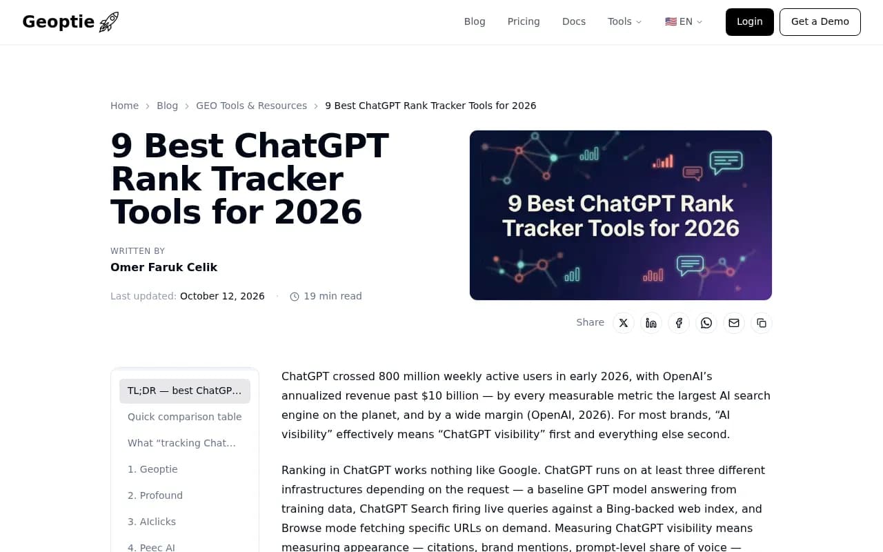 Geoptie's comparison of ChatGPT rank tracker tools with pricing and engine coverage
