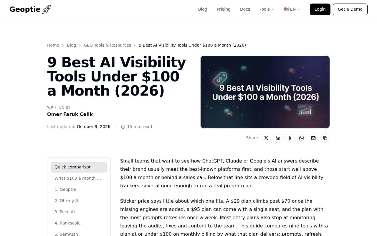 Roundup comparing AI visibility tools under $100 a month, including Otterly, Peec, Rankscale and ZipTie