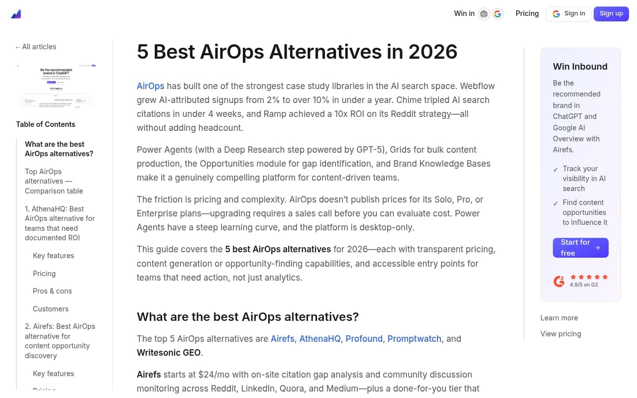 AirOps alternatives comparison for AI search visibility in 2026