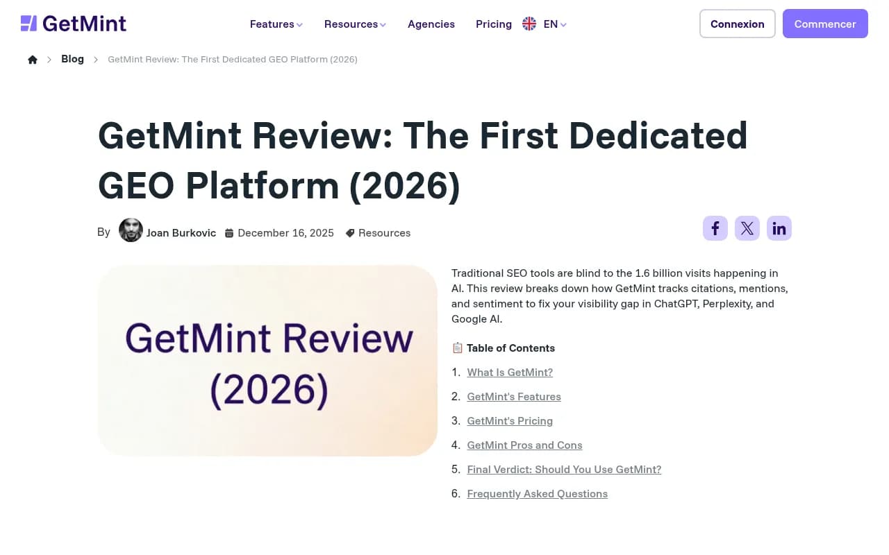 GetMint GEO platform review page showing citation and sentiment tracking features