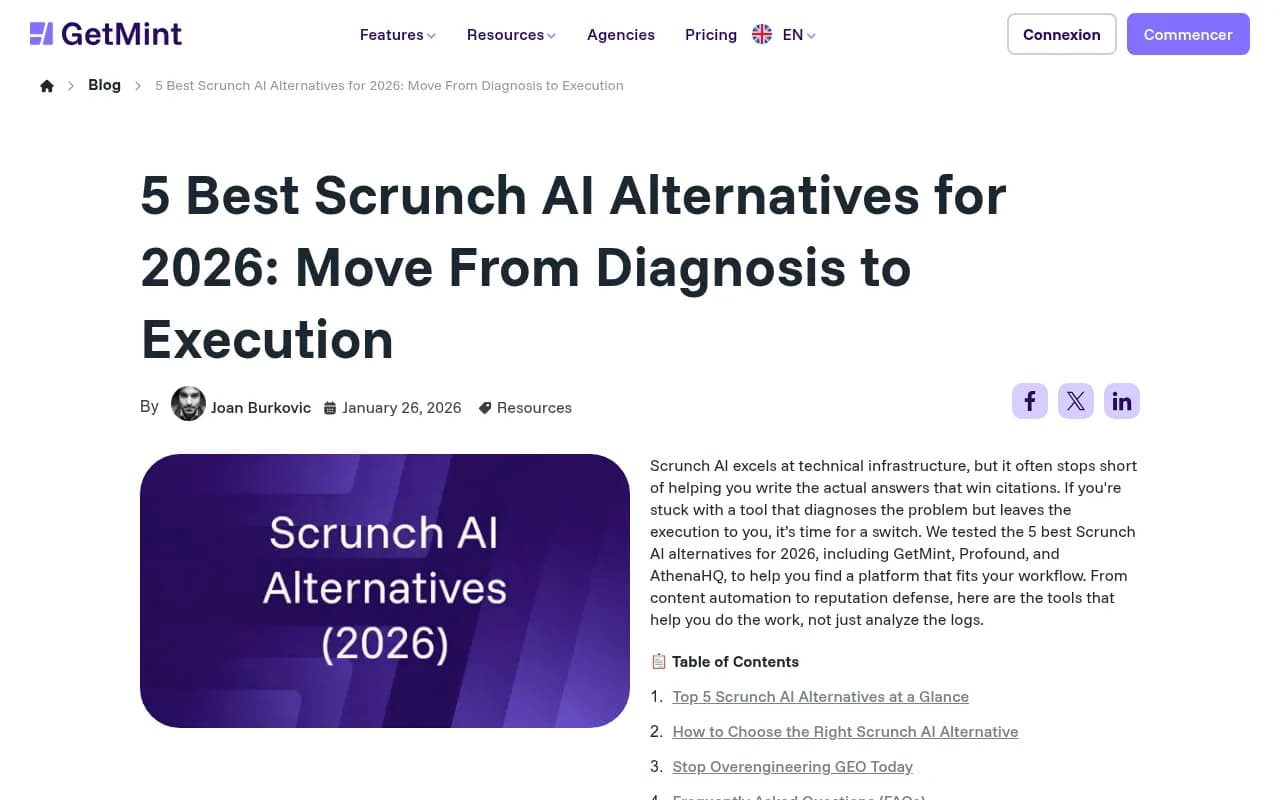 GetMint.ai's Scrunch alternatives page, showing how GetMint positions itself as a more action-oriented option