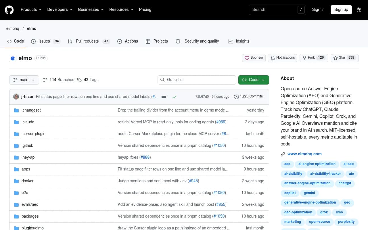 Elmo repository on GitHub showing the MIT-licensed AEO platform