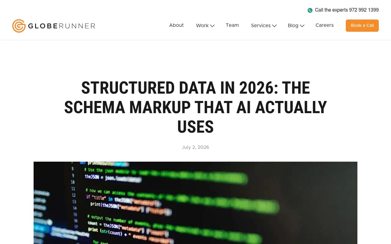 Screenshot of Globe Runner's 2026 guide on structured data and the schema markup AI actually uses