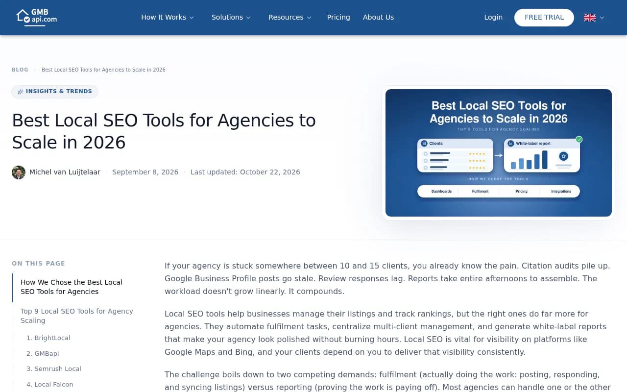 GMBapi's roundup of local SEO tools for agencies, covering white-label pricing and AI visibility