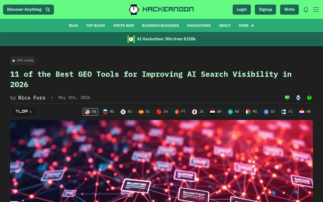HackerNoon roundup of 11 best GEO tools for AI search visibility in 2026, showing the range of platforms available