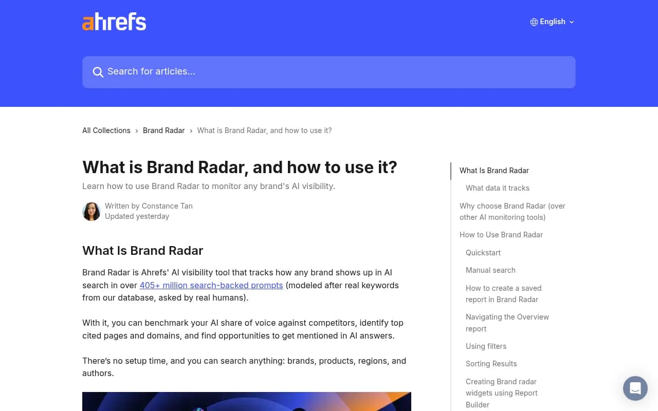 Ahrefs Brand Radar help center documentation showing how to set up and use the tool