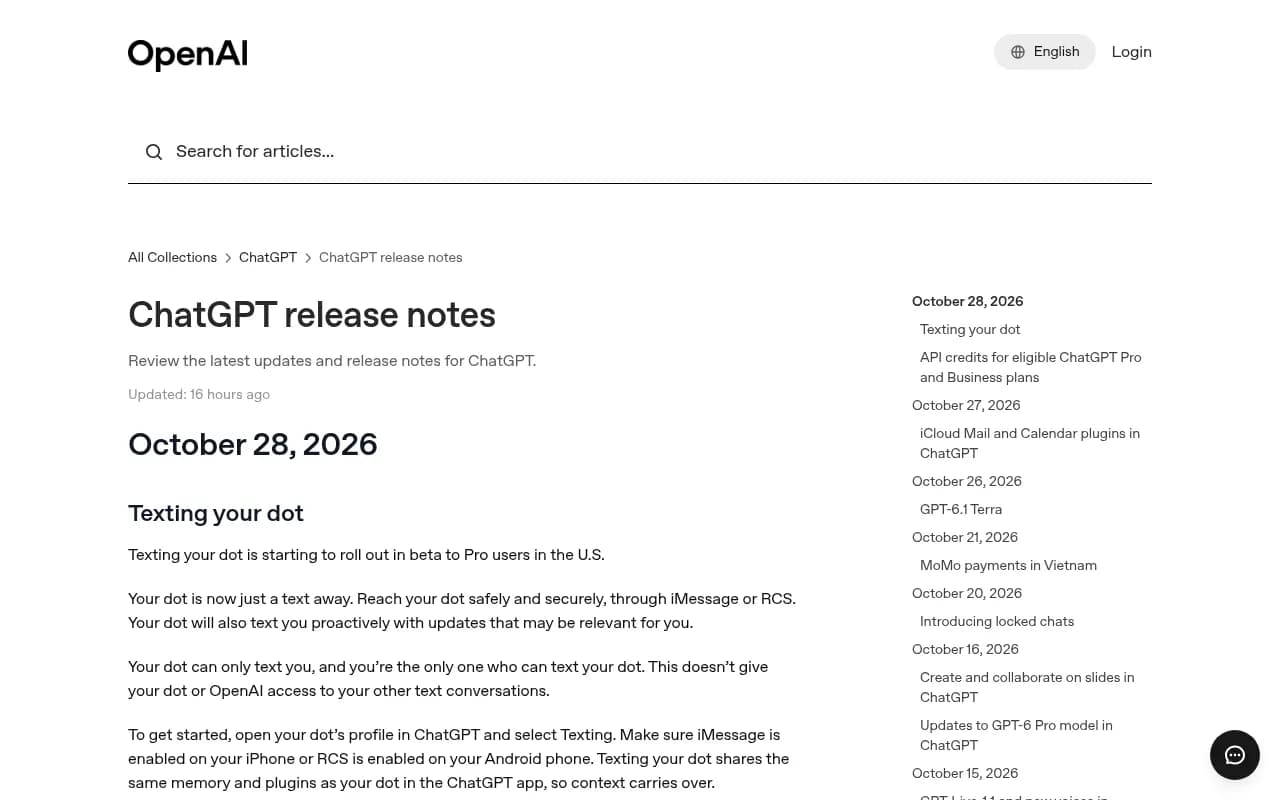 ChatGPT release notes page from the OpenAI Help Center