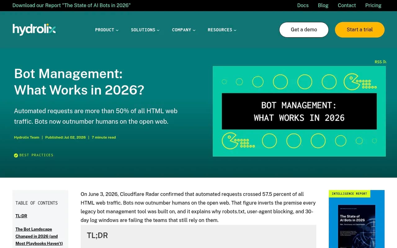 Hydrolix blog post on bot management strategy for 2026, covering the crawl-to-refer ratio metric
