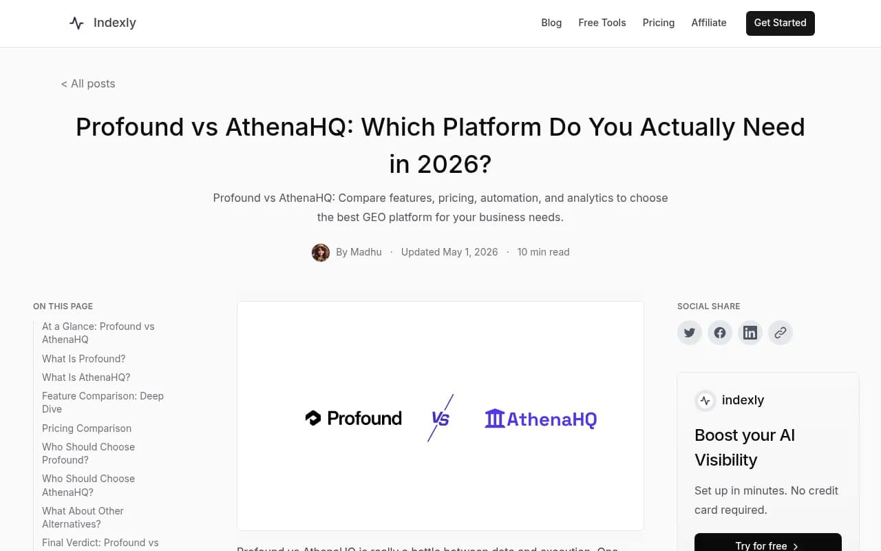 Comparison table from Indexly showing Profound vs AthenaHQ feature breakdown including pricing, compliance, and automation