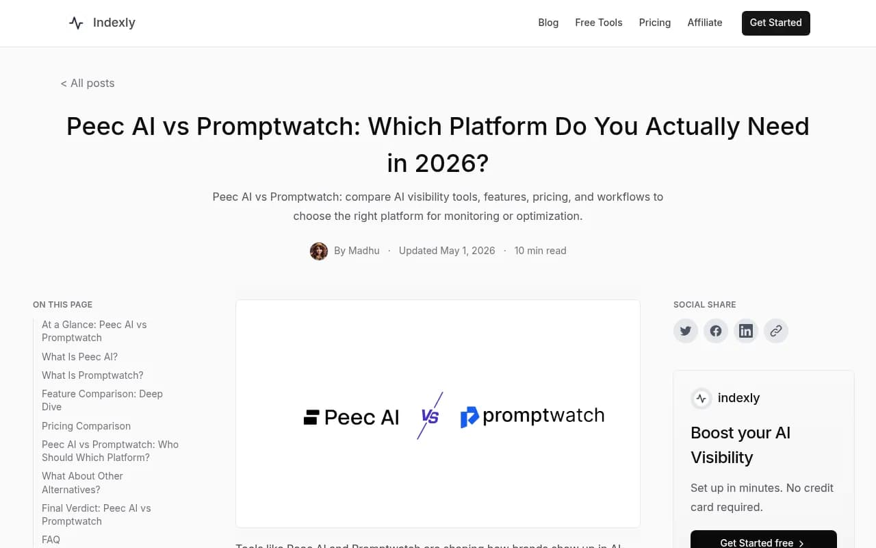 Peec AI vs Promptwatch feature comparison overview