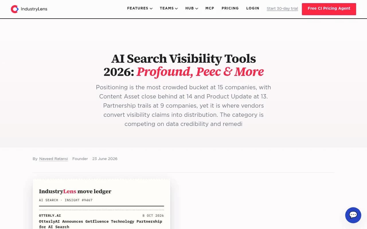 IndustryLens comparison page for AI search visibility tools, showing a table of Peec AI, Profound and Ahrefs Brand Radar with what to ask in a demo