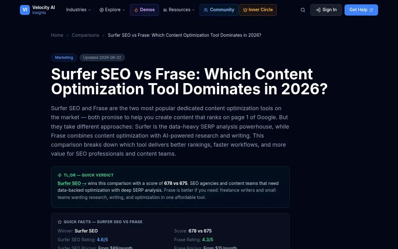 Velocity AI Insights comparison page, an affiliate-linked scorecard whose numbers have no visible methodology