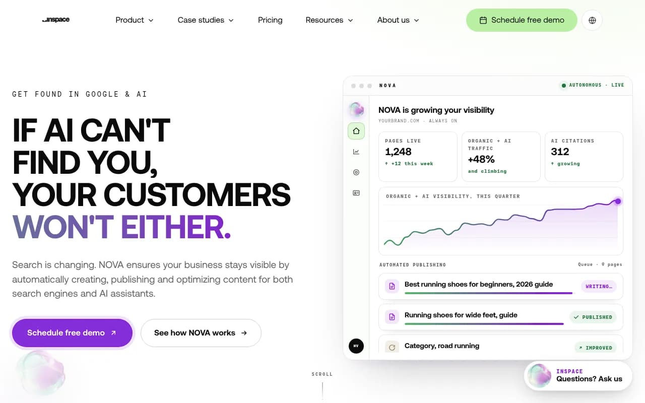 InSpace.io homepage showing the NOVA autonomous SEO software pitch