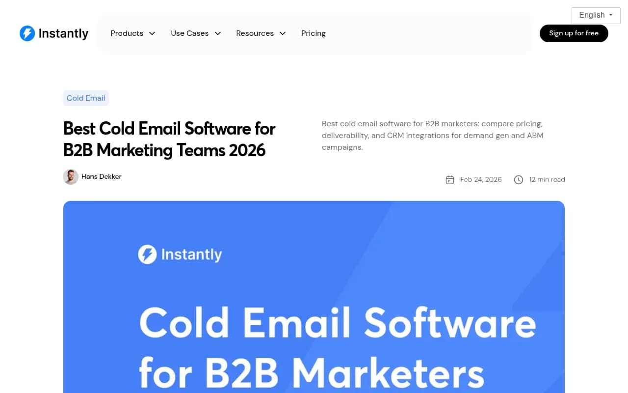 Instantly.ai blog on best cold email software for B2B marketing teams 2026