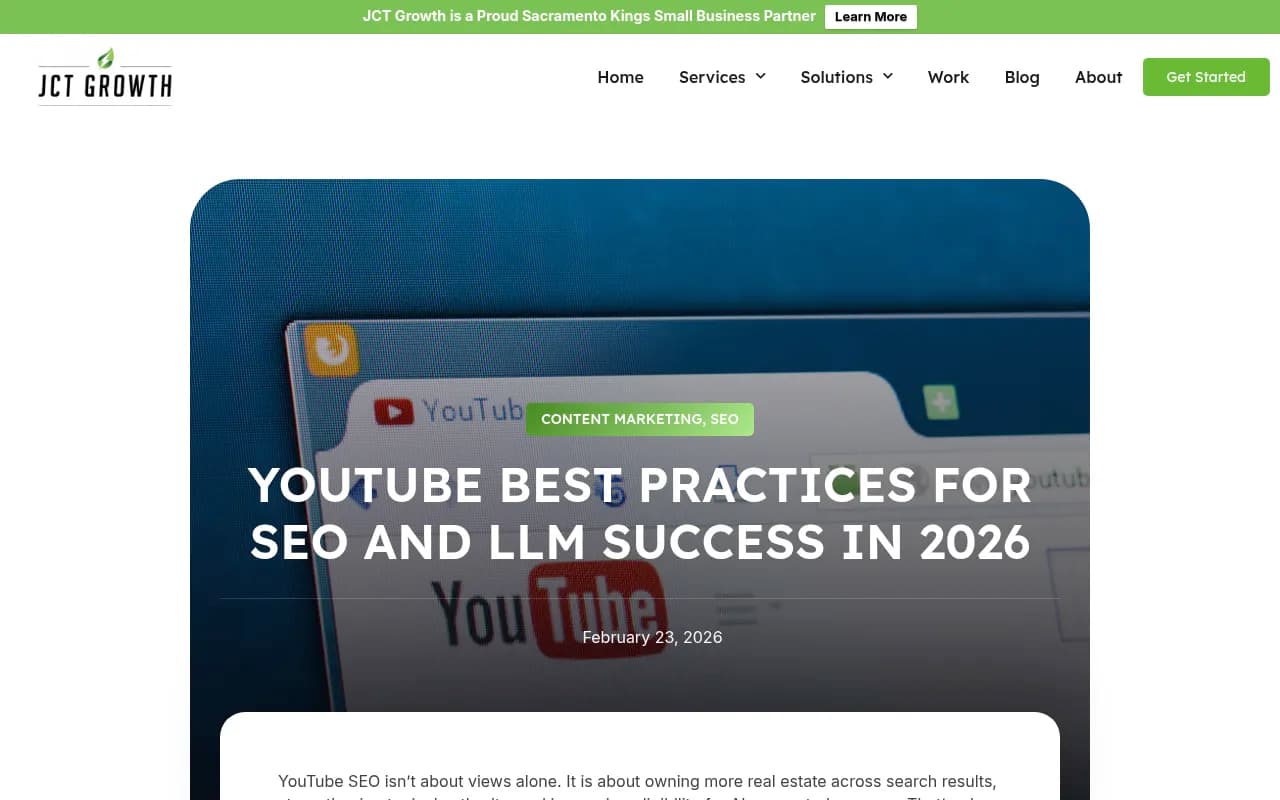 YouTube SEO and LLM strategy guide from JCT Growth showing how video content integrates with AI search