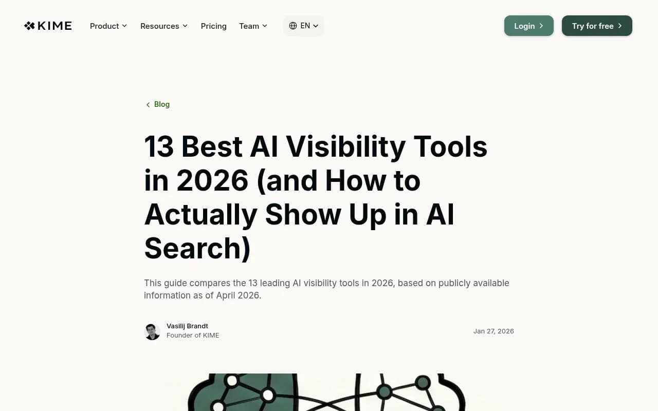 Comparison of 13 best AI visibility tools in 2026 from KIME's research, showing tool categories, LLM coverage, and pricing