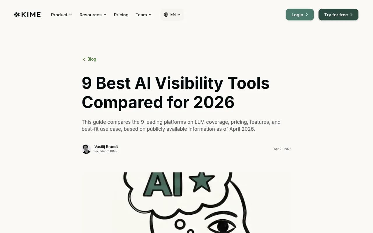 KIME's AI visibility comparison table showing tools ranked by features and pricing