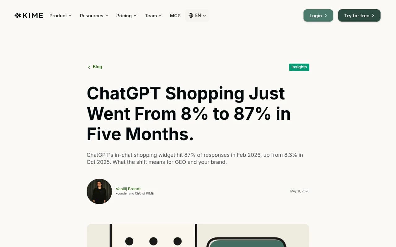 KIME AI's analysis of ChatGPT Shopping's growth from 8% to 87% across five months