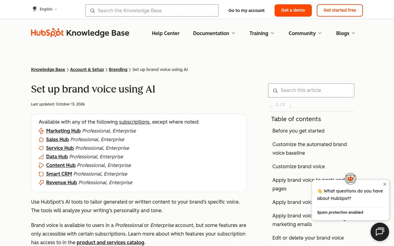 HubSpot knowledge base page showing how to set up brand voice using AI