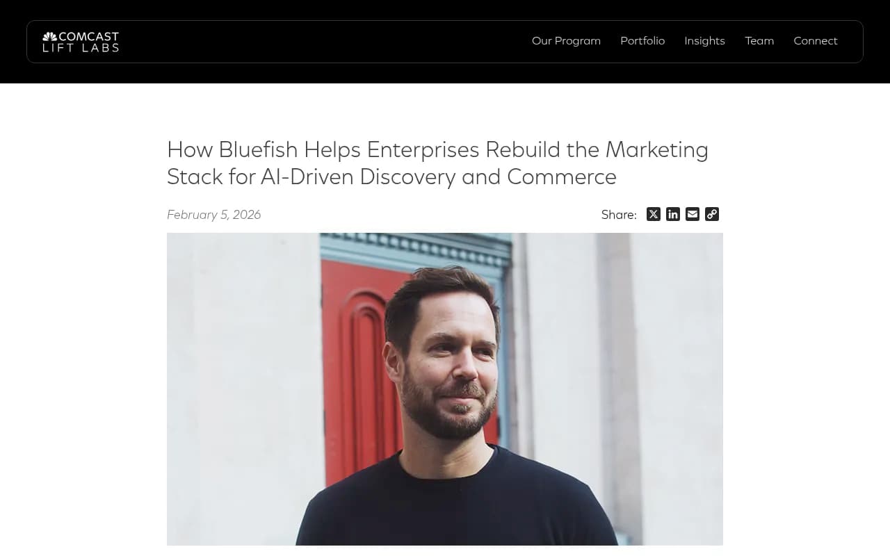 Comcast NBCUniversal LIFT Labs article about Bluefish's enterprise marketing platform for AI-driven discovery