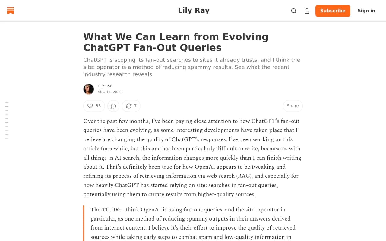 Lily Ray's analysis of evolving ChatGPT fan-out queries, covering the rise of site: searches and where the data comes from
