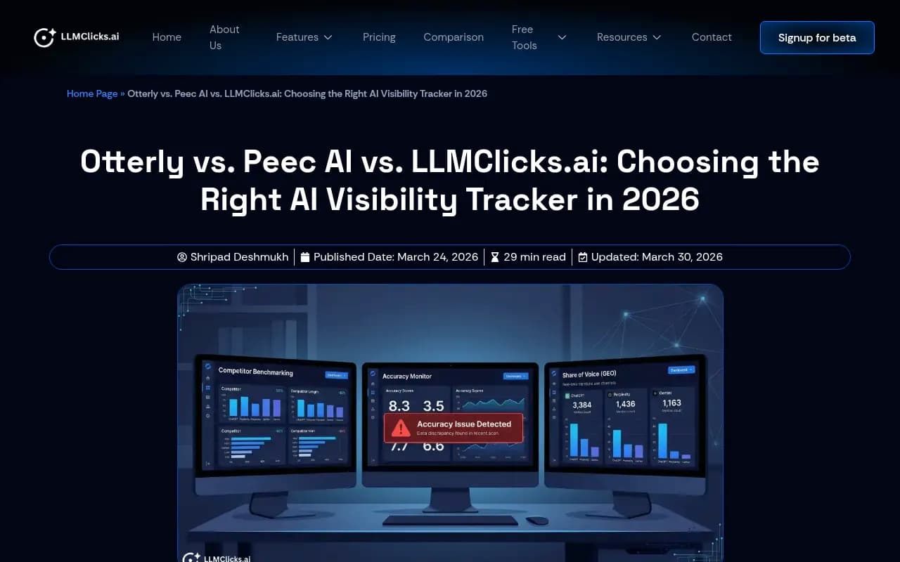 Otterly vs Peec AI vs LLMClicks comparison showing monitoring vs accuracy detection differences